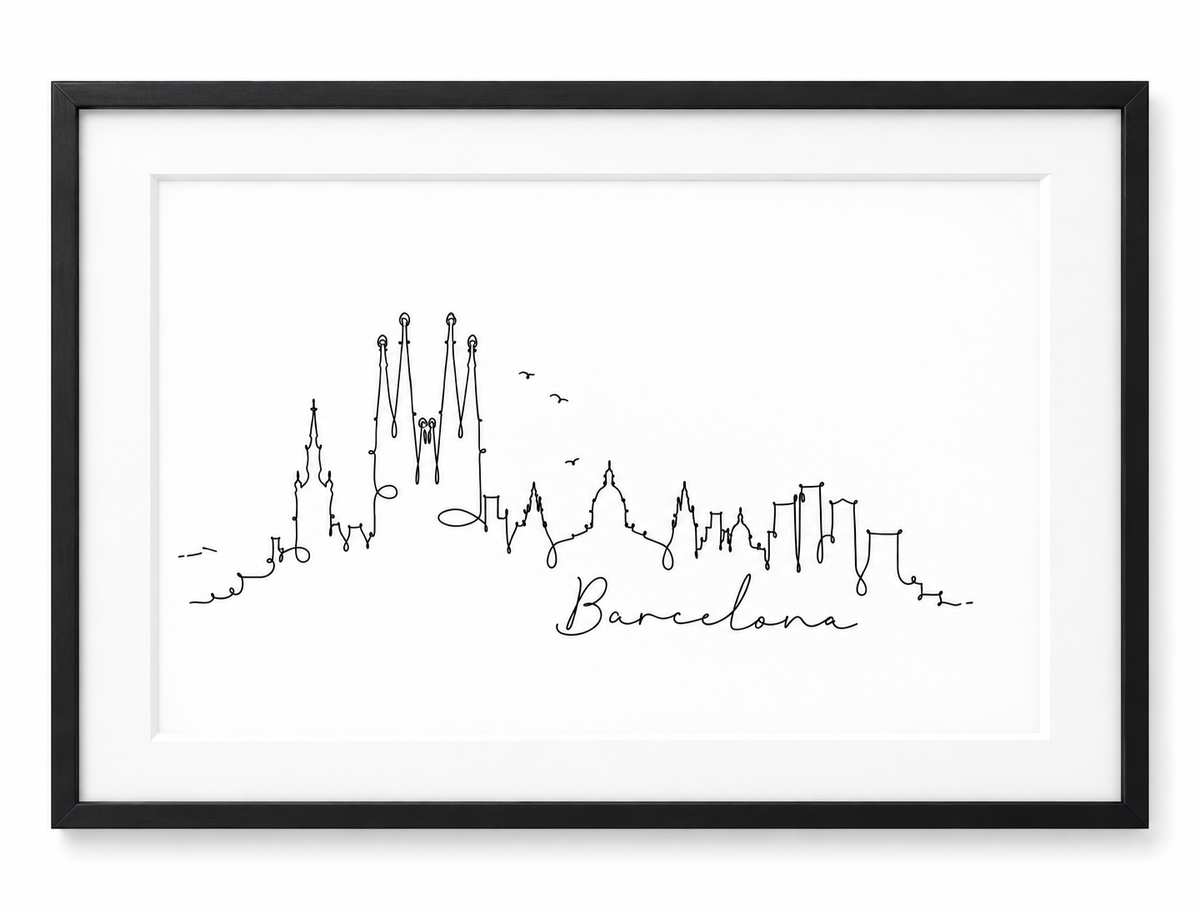 Barcelona Skyline Print – Black frame with white mount