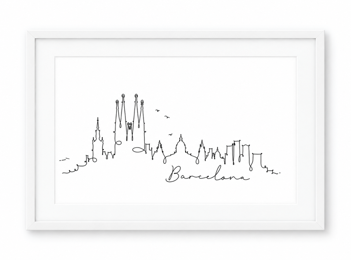 Barcelona Skyline Print – White frame with white mount