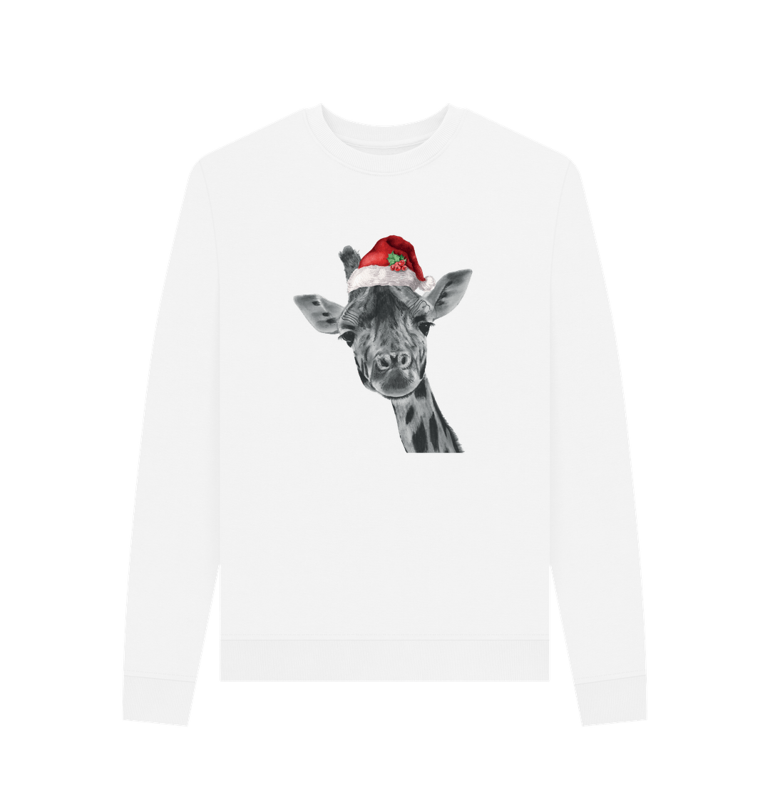 White Women's Crew Neck Festive Solo Giraffe Sweater Certified Organic Cotton