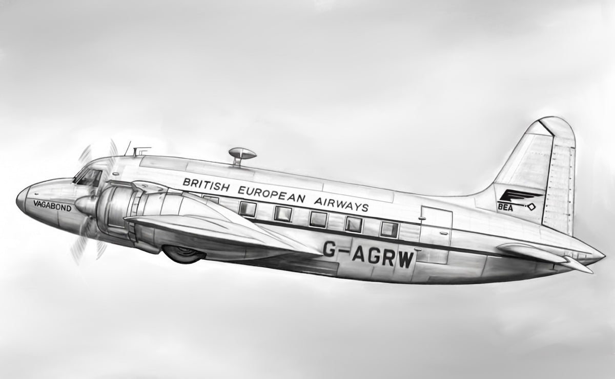 Hand-drawn BEA Vickers Viking Vagabond aviation fine art print