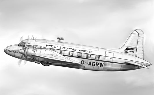 Hand-drawn BEA Vickers Viking Vagabond aviation fine art print