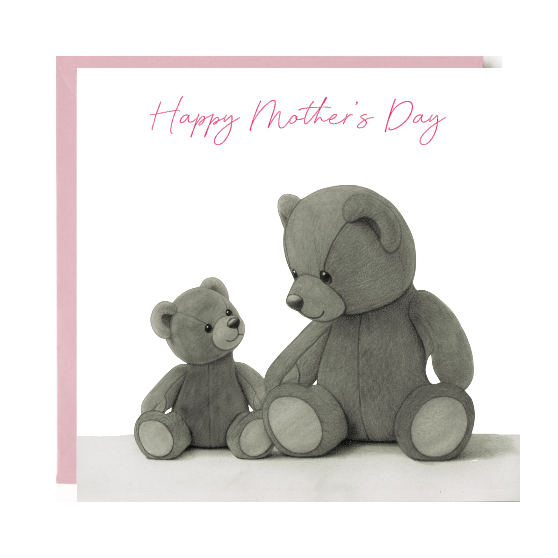 Two gray teddy bears with a 'Happy Mother's Day' card on a white background