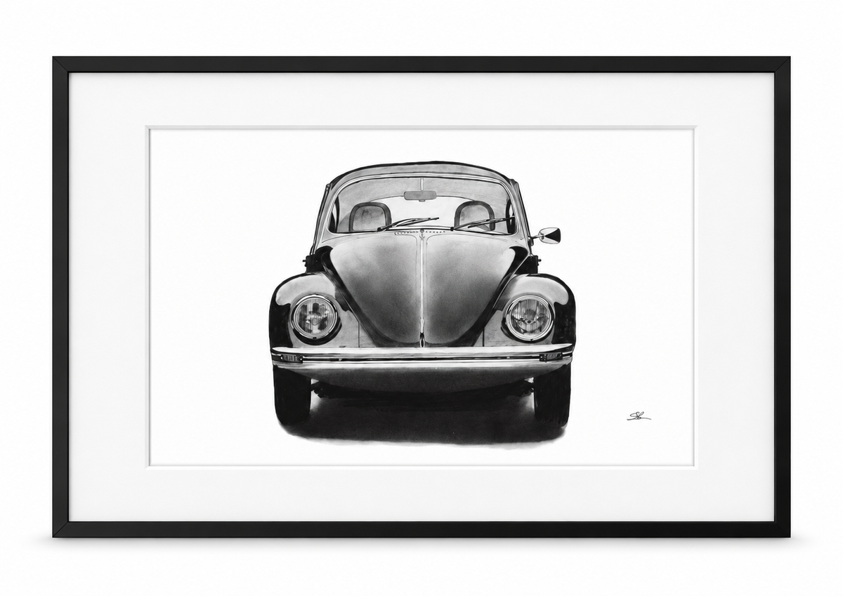 VW Beetle in black frame with white mount