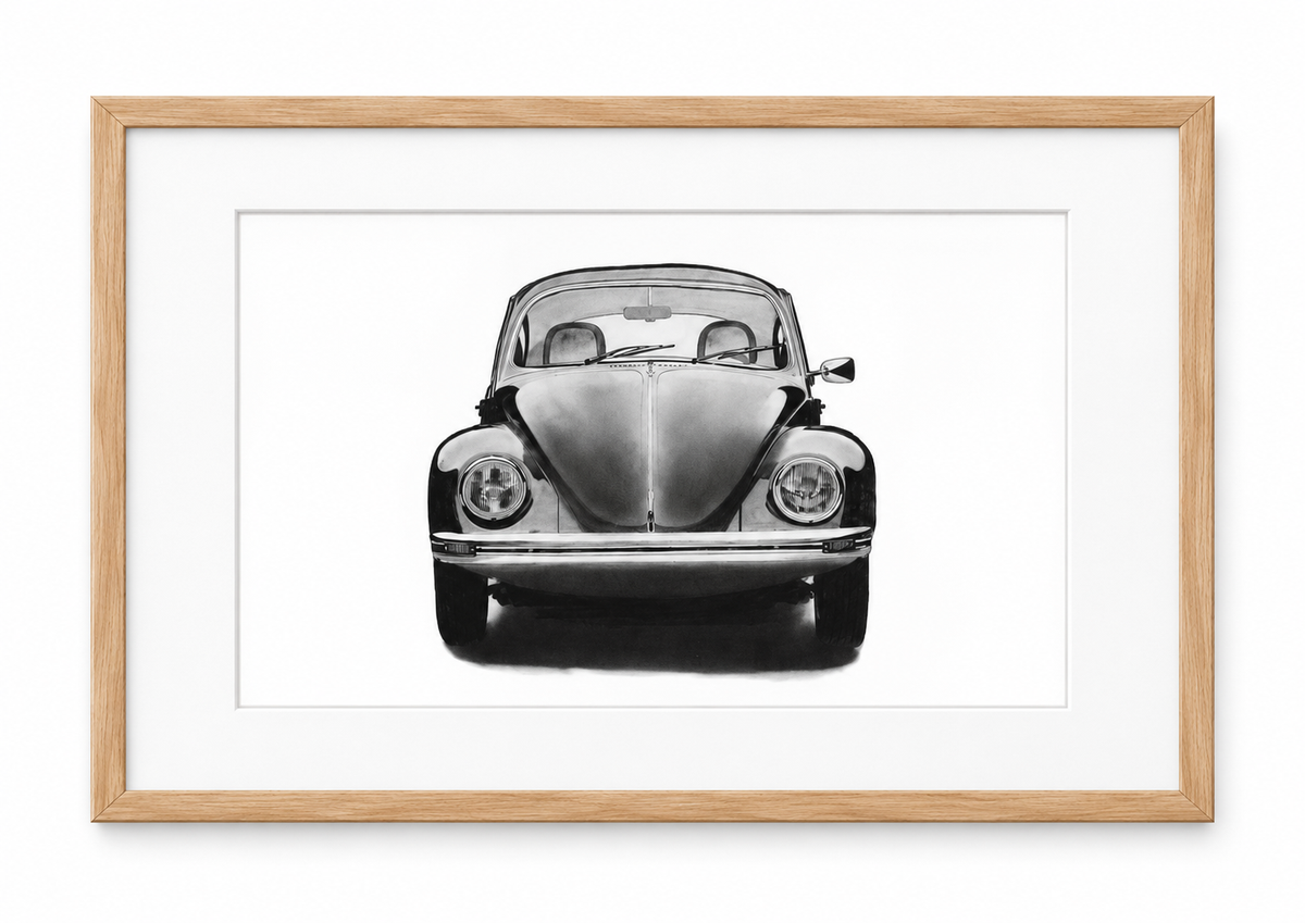 VW Beetle in oak frame with white mount