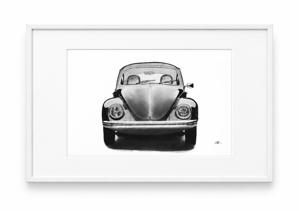 VW Beetle in white frame with white mount