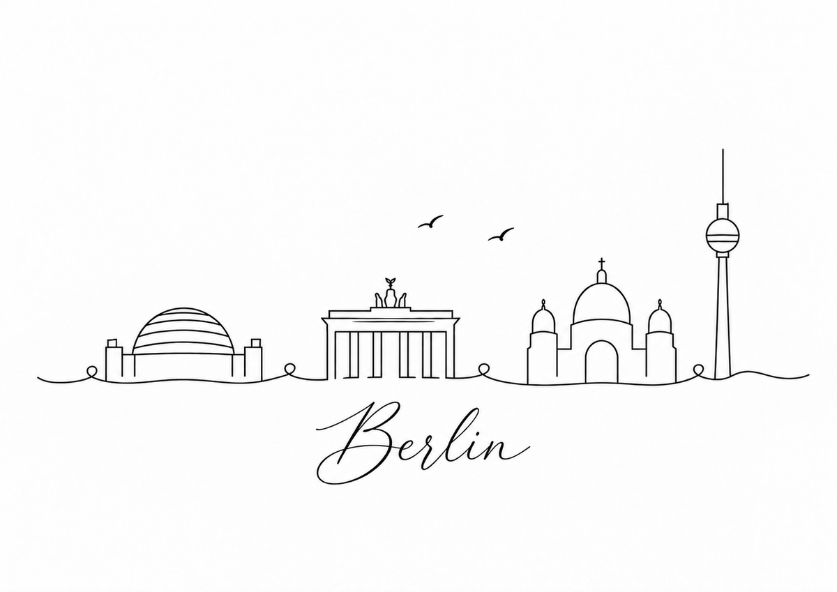 Berlin skyline artwork featuring black line landmarks and city lettering on a white background
