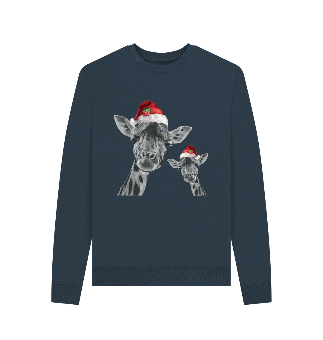 Navy Blue Women's Crew Neck Festive Giraffe and Baby Sweater Certified Organic Cotton