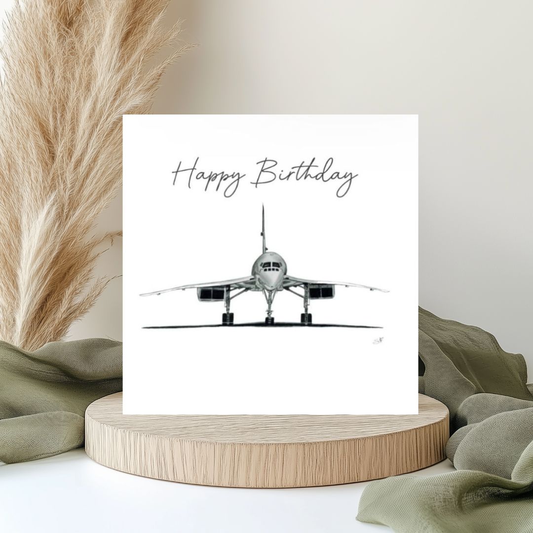 A hand-drawn Concorde aviation birthday card, printed on Libra Fine Arts FSC-certified cardstock for a luxurious feel. Paired with a yellow envelope, it’s the perfect gift for aviation enthusiasts, pilots, and Concorde fans. Blank inside, ready for a heartfelt birthday message.





