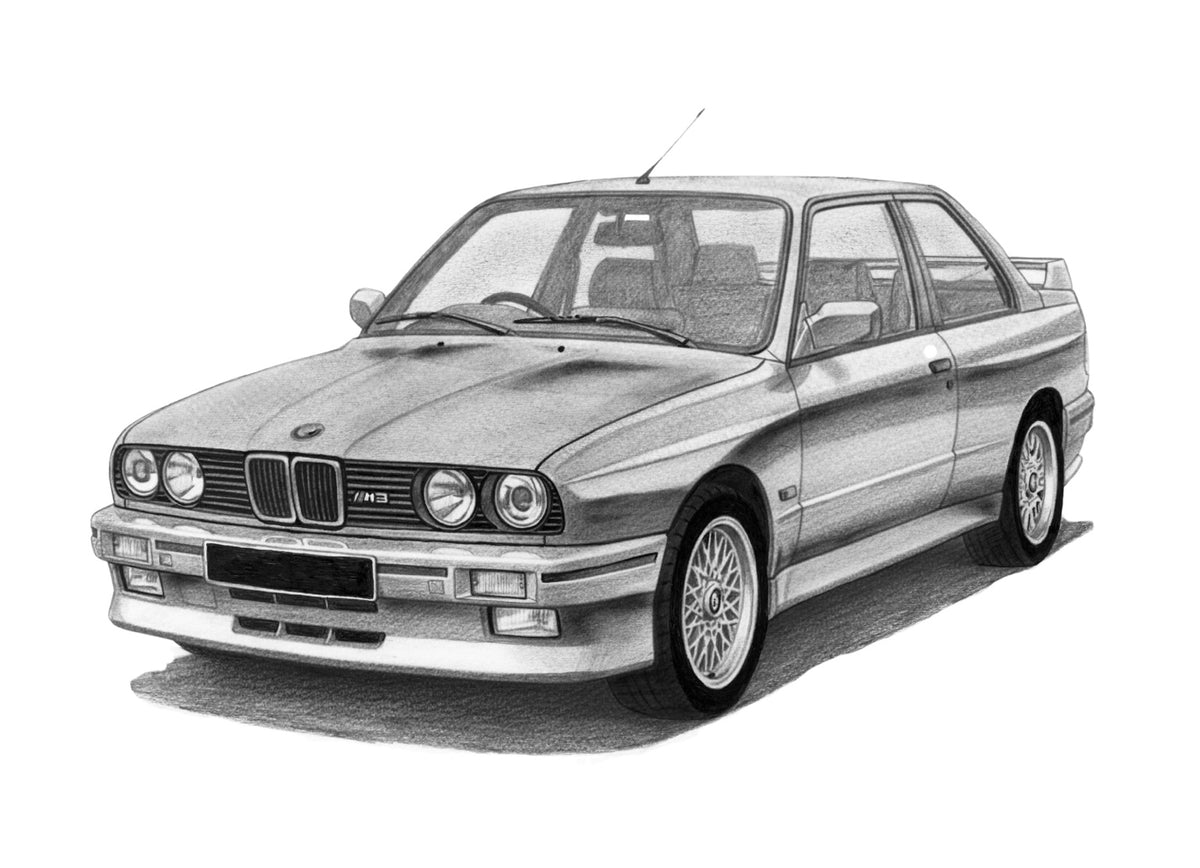 Hand-drawn BMW E30 M3 classic car fine art print