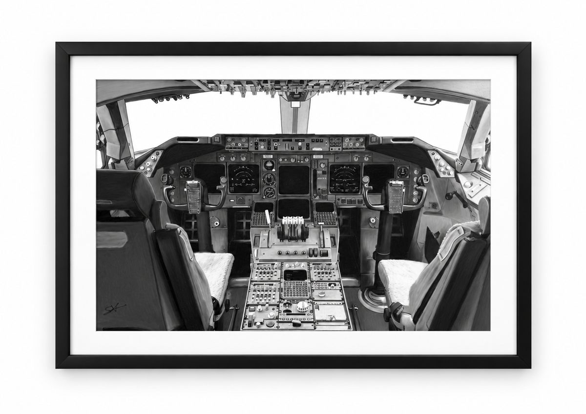 Boeing 747 Cockpit Fine Art Framed Print in black frame