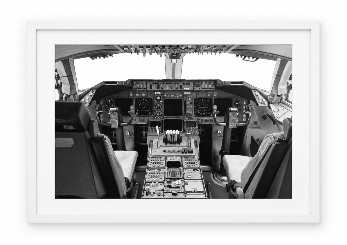 Boeing 747 Cockpit Fine Art Framed Print in white frame
