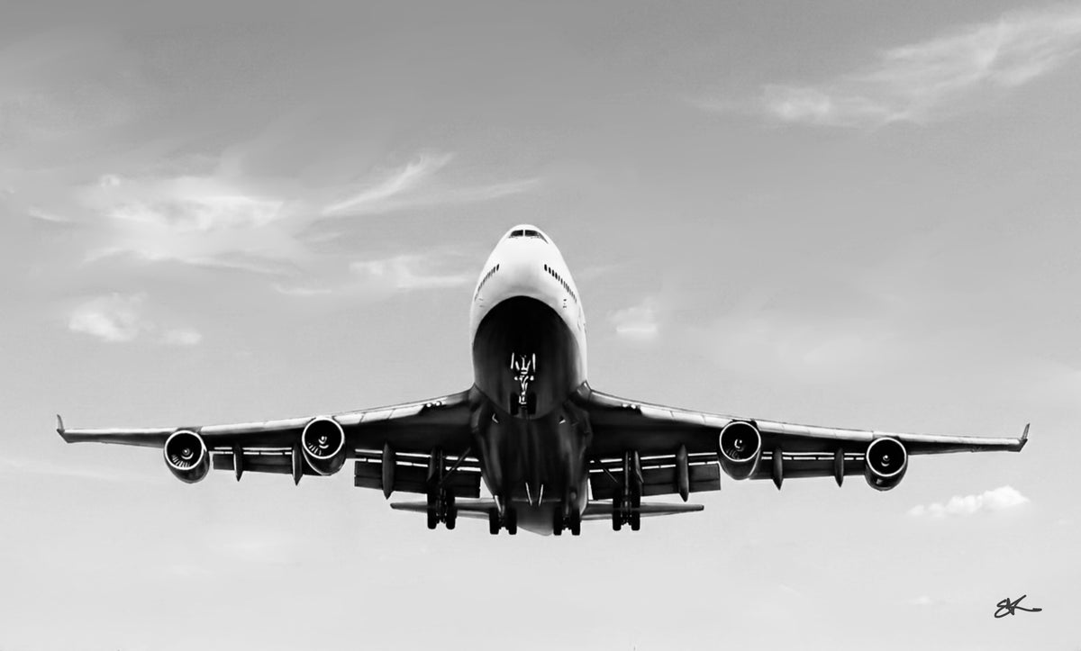 Monochrome Boeing 747 landing artwork with landing gear down