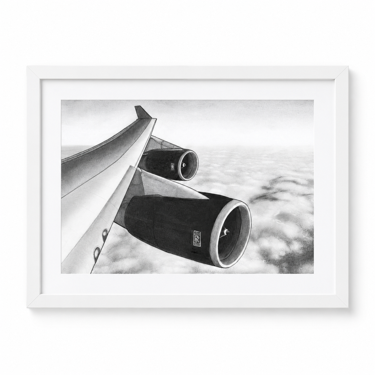 Boeing 747 Wing Drawing | Aviation Art from the Window Seat – Series 2 in white frame