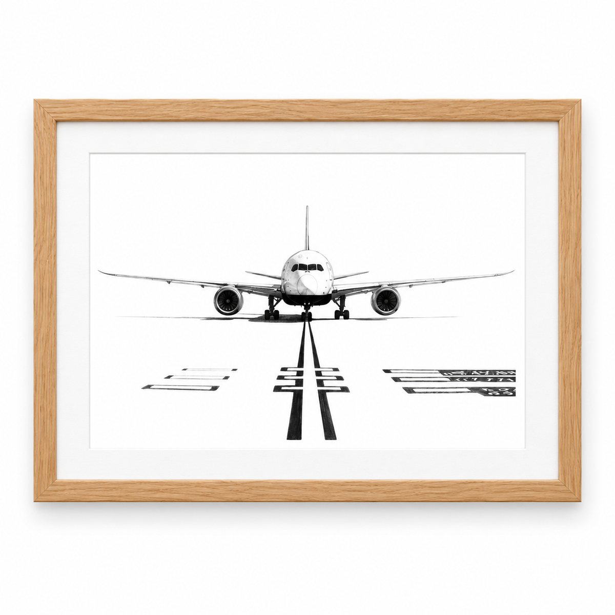 Boeing 787 Dreamliner Aircraft Print | Modern Aviation Art in oak frame