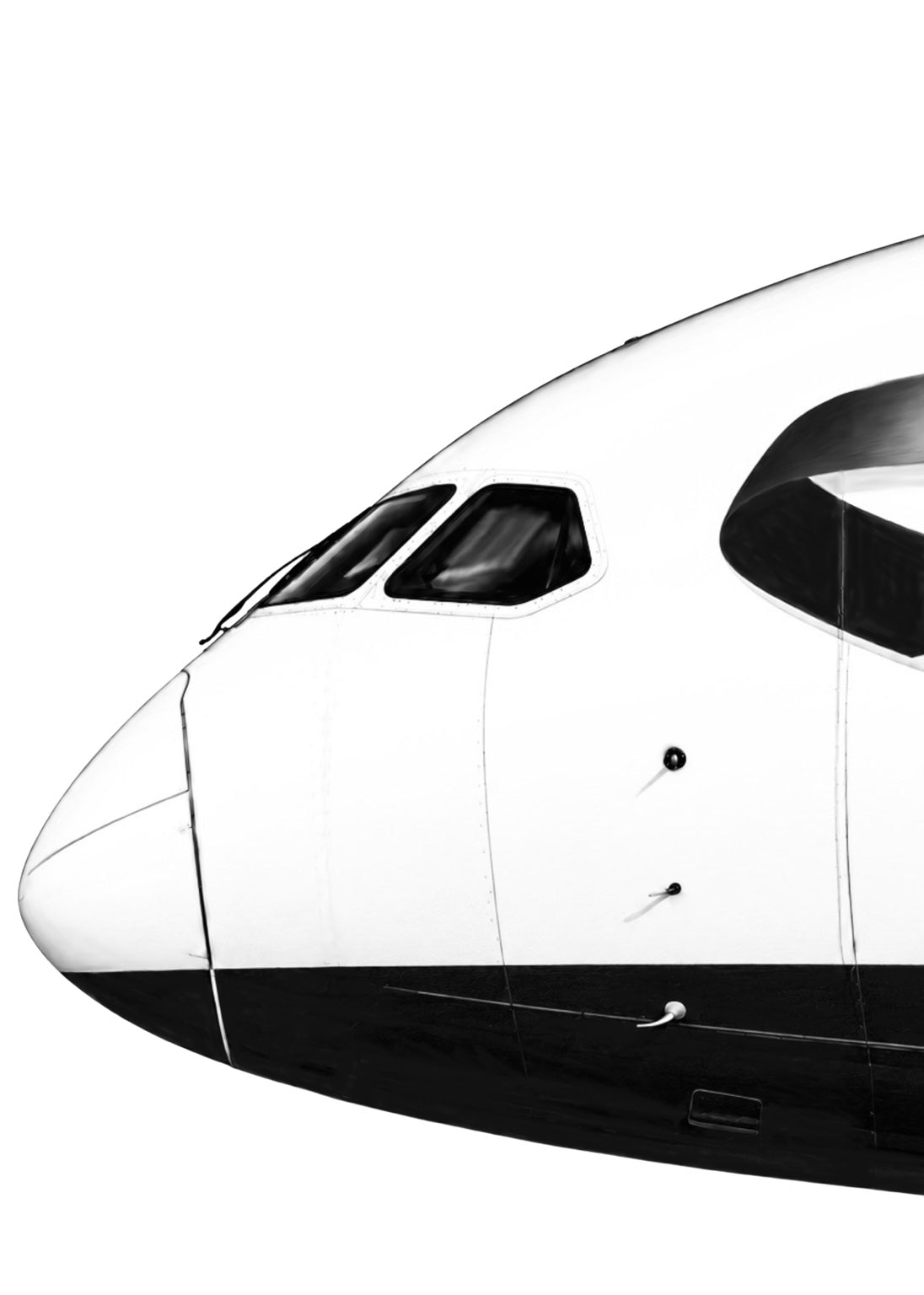 Boeing 787 nose and cockpit monochrome pencil fine art print