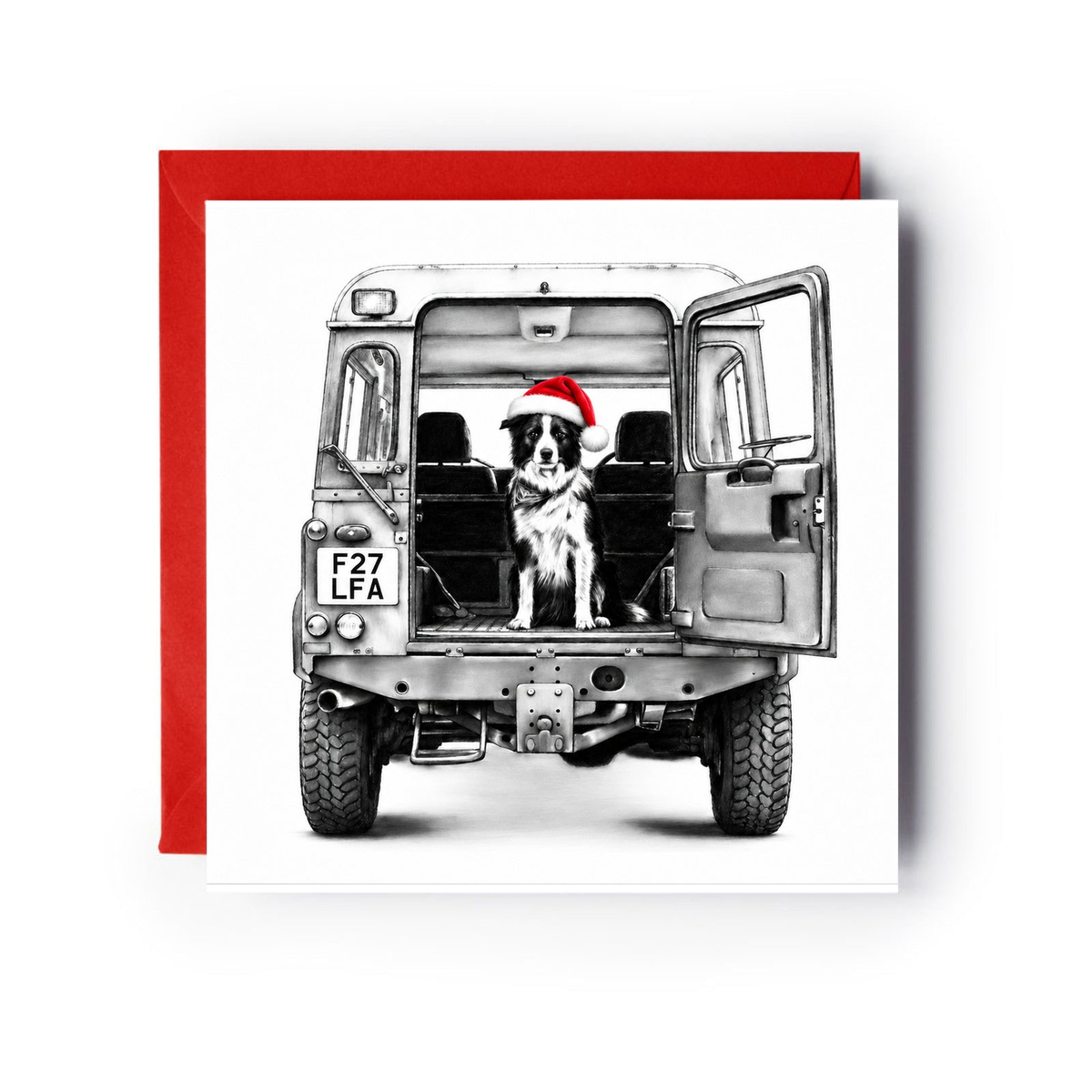 A border collie in a red Santa hat sitting in a Land Rover on a Christmas card with a red envelope
