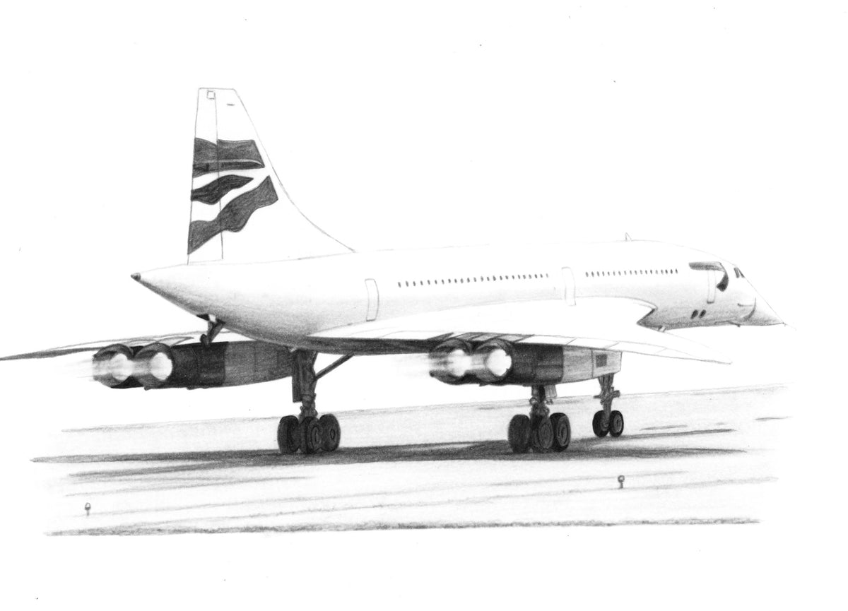 Hand-drawn British Airways Concorde on runway fine art print