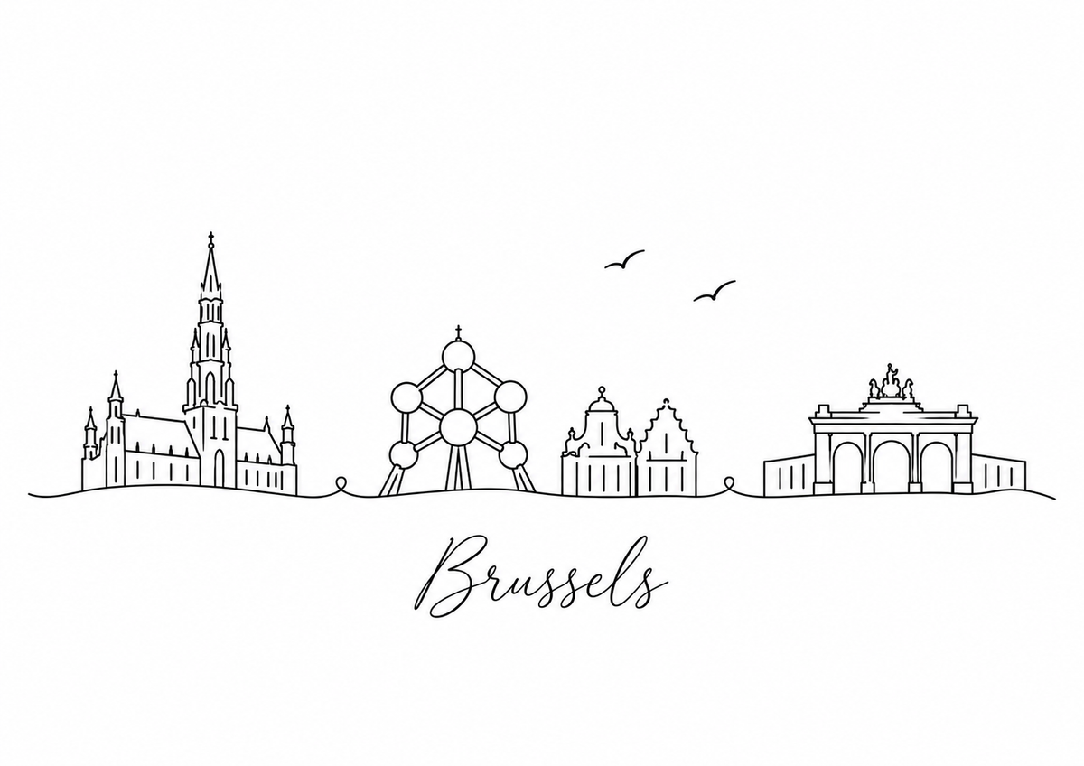 Brussels skyline artwork featuring black line landmarks and city lettering on a white background