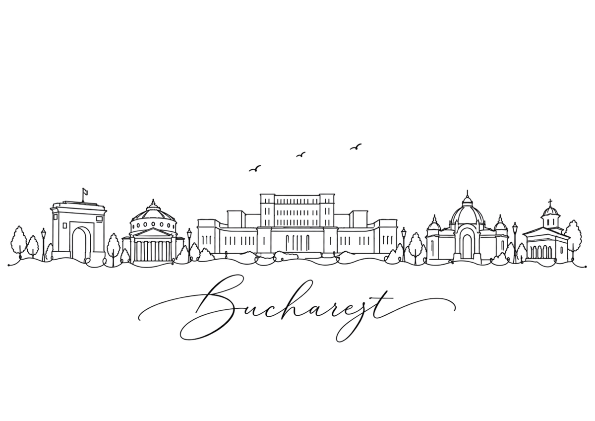Bucharest skyline print – black line architecture illustration with Bucharest lettering