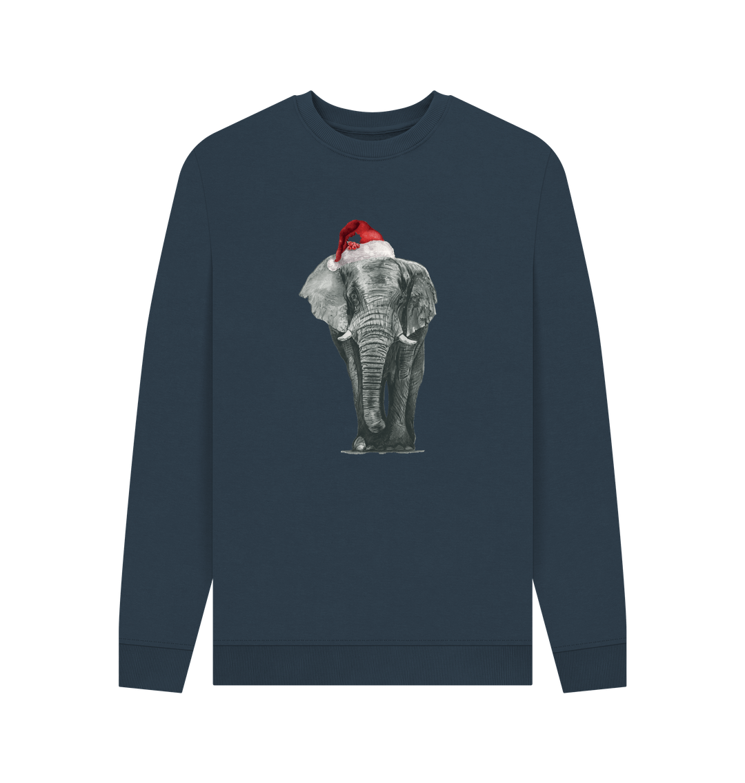 Navy Blue Men's Crew Neck Festive Elephant Sweater Certified Organic Cotton