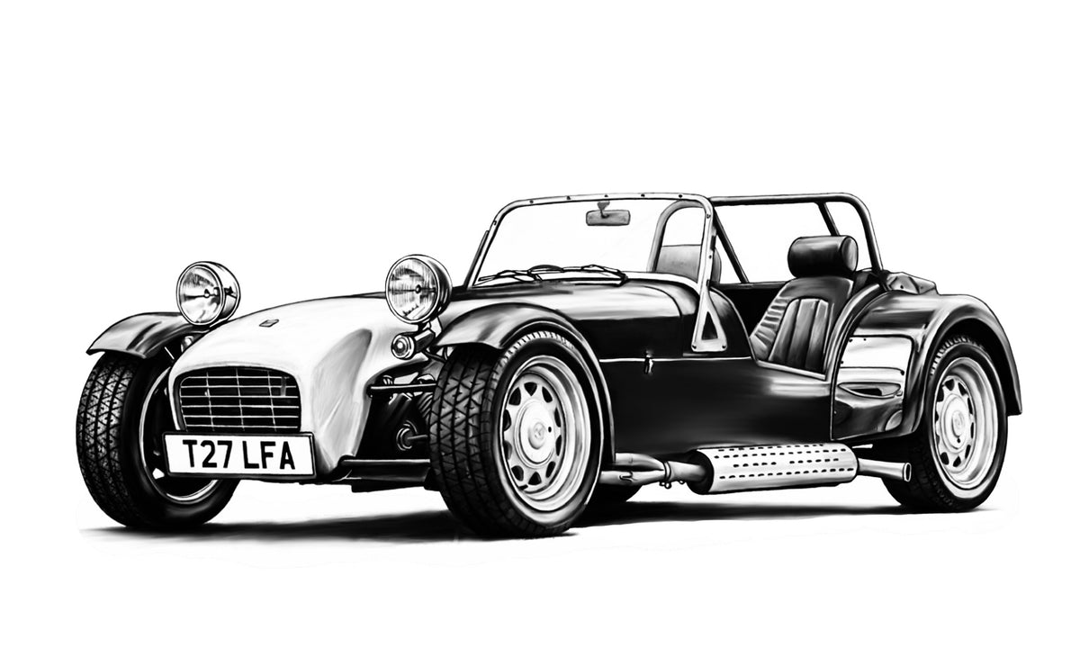 Hand-drawn Caterham Seven sports car fine art print