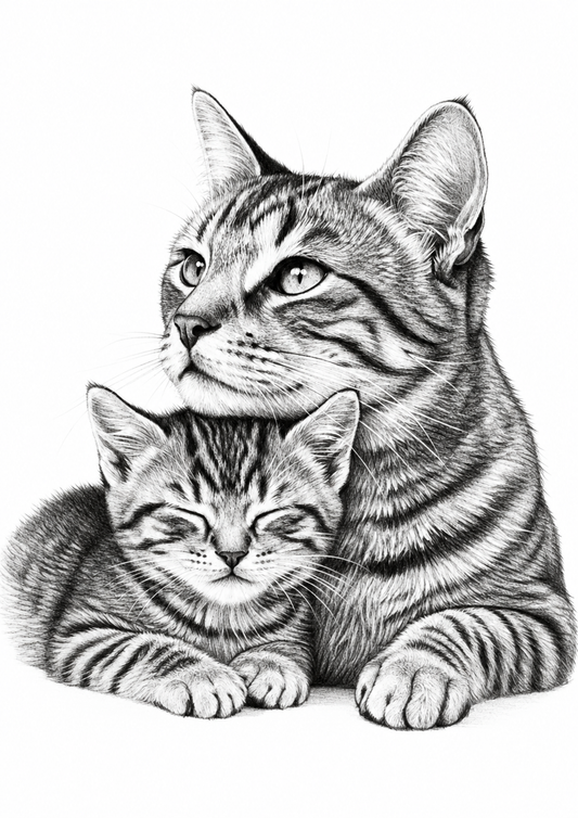 Cat and Kitten Fine Art Print — A4 portrait artwork
