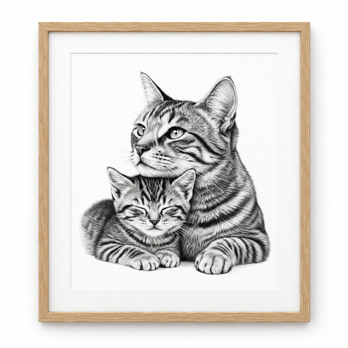 Cat and Kitten Fine Art Print in Oak frame with white mount