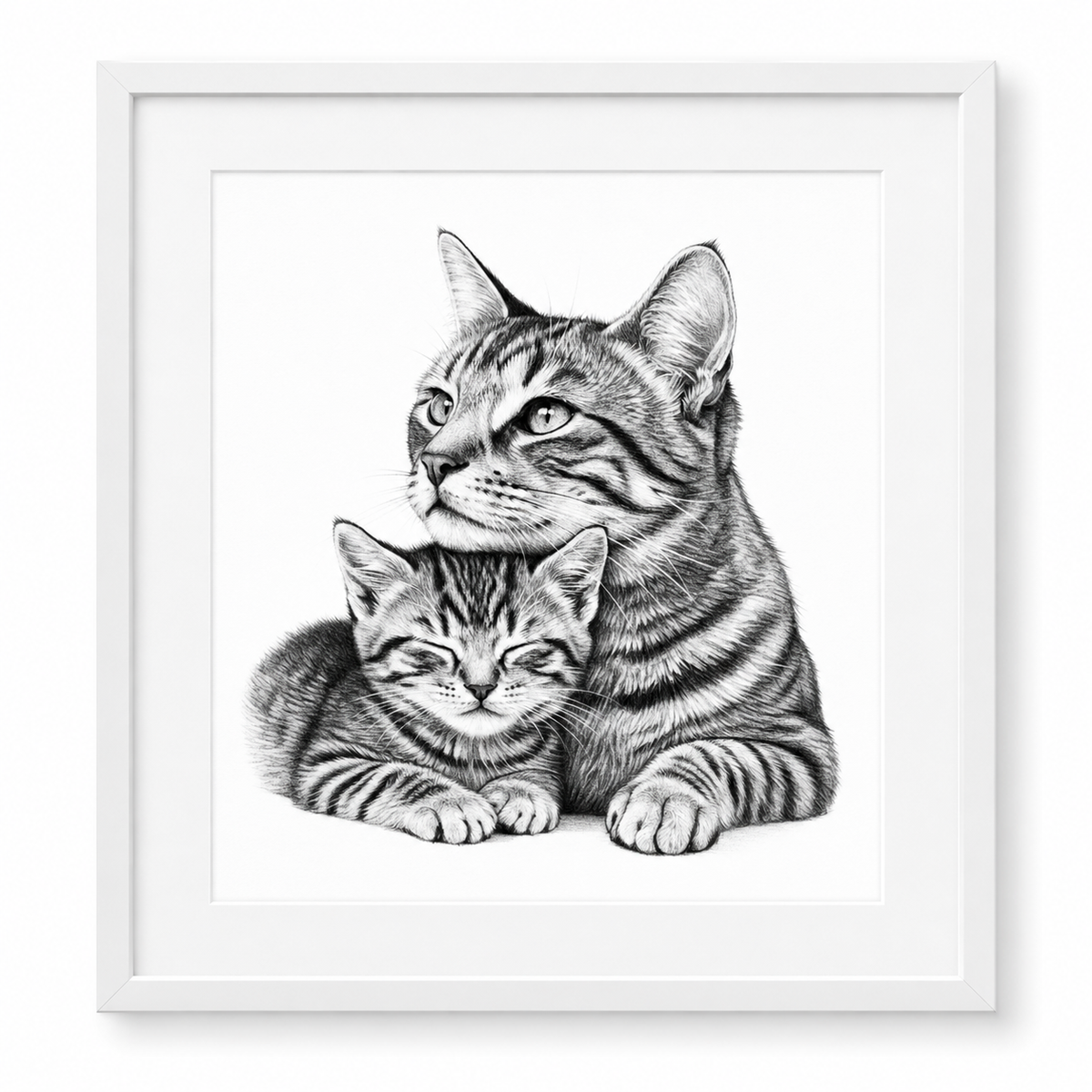 Cat and Kitten Fine Art Print in White frame with white mount