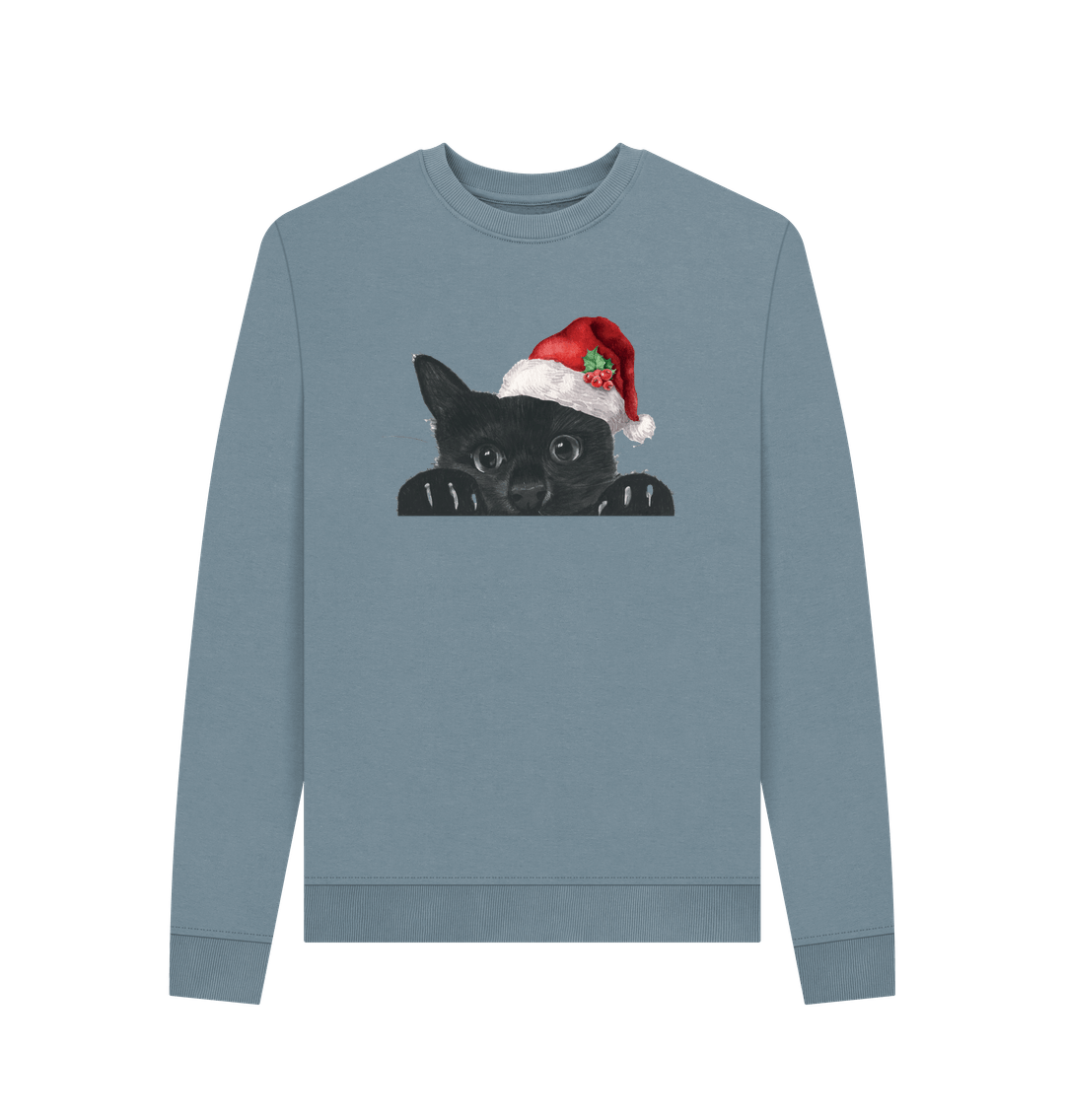 Stone Blue Woman's Crew Neck Festive Cat Sweater Certified Organic Cotton