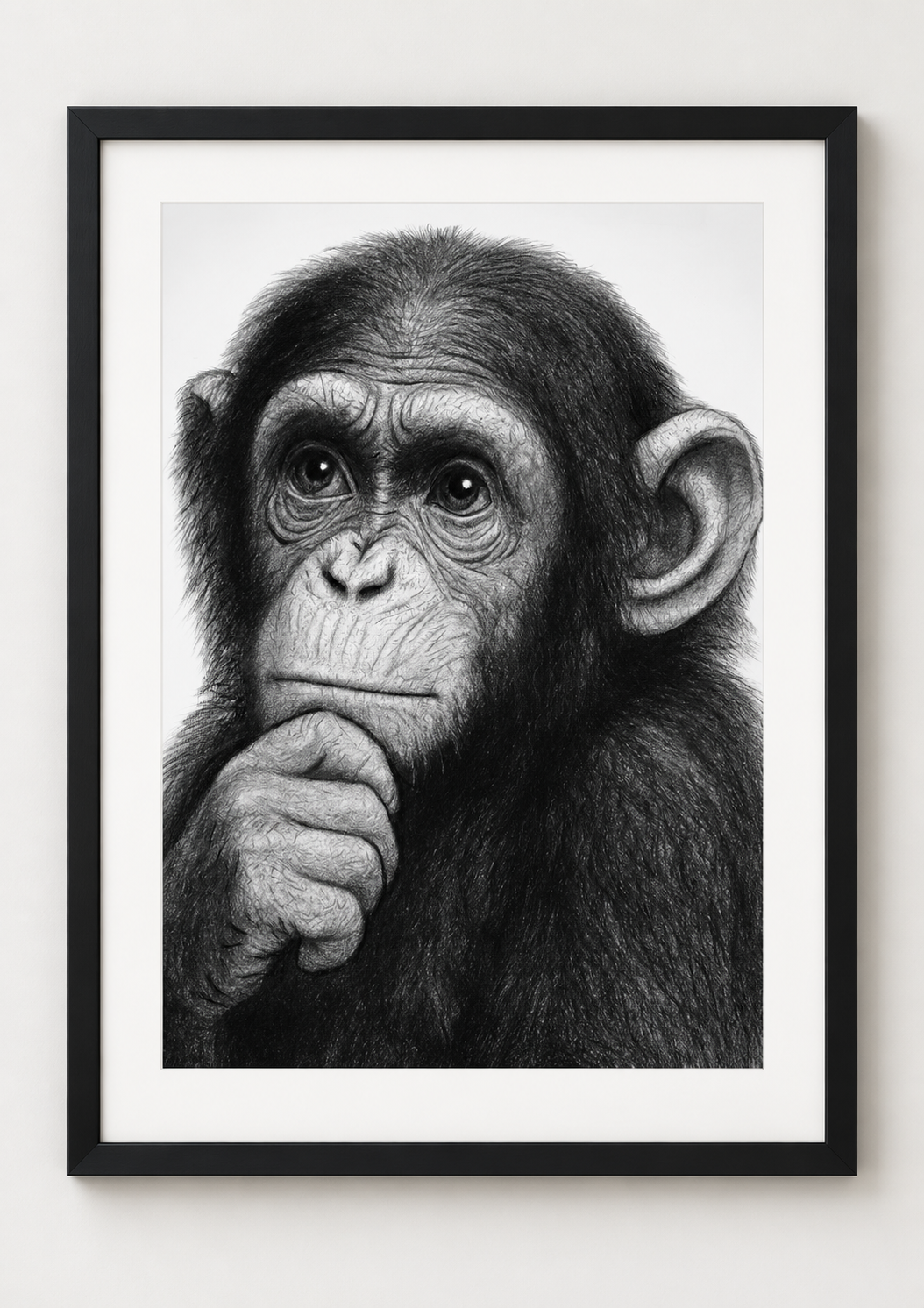 Thoughtful Chimpanzee Fine Art Print in a black frame with white mount, rectangular A4 style