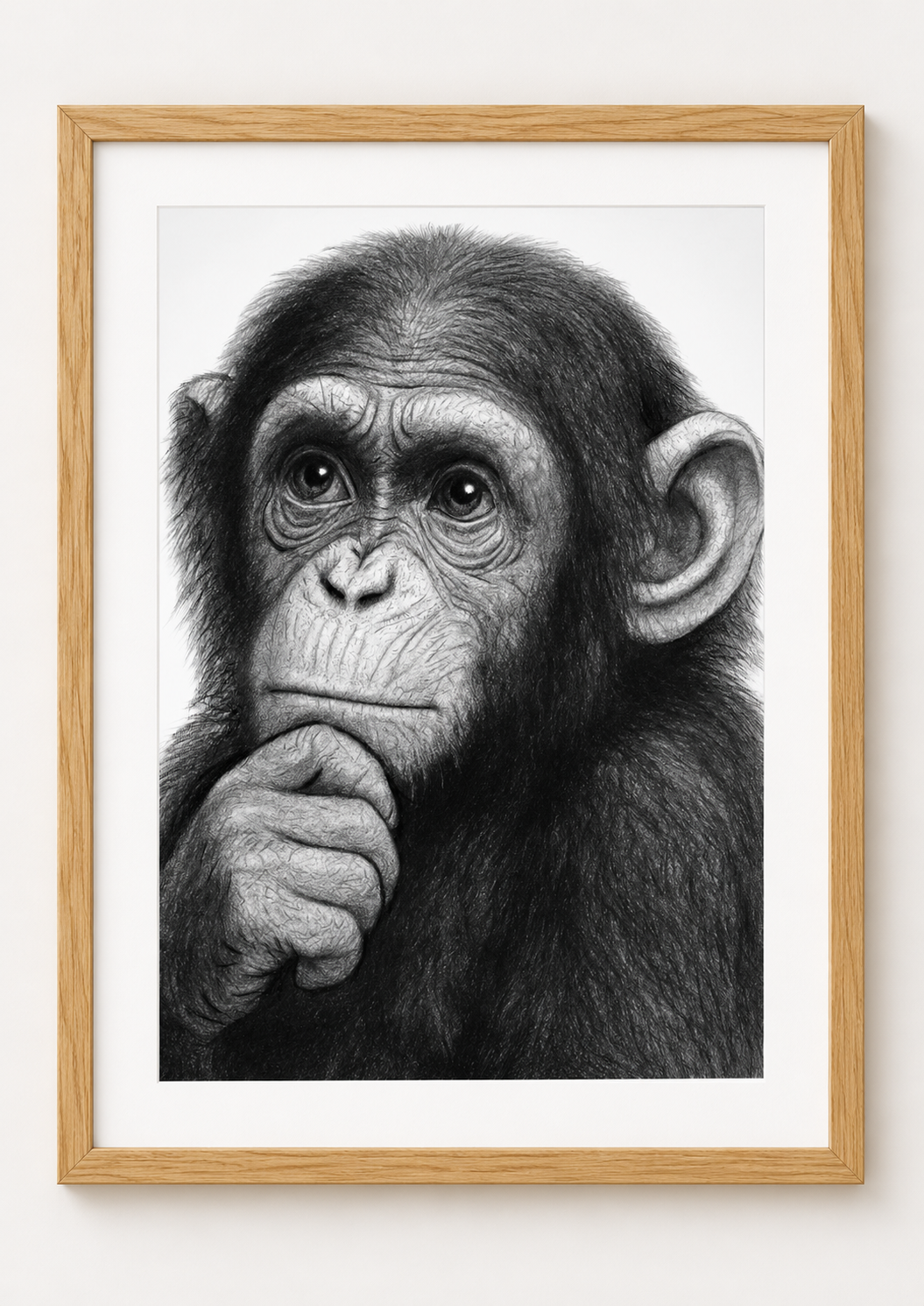 Thoughtful Chimpanzee Fine Art Print in a oak frame with white mount, rectangular A4 style