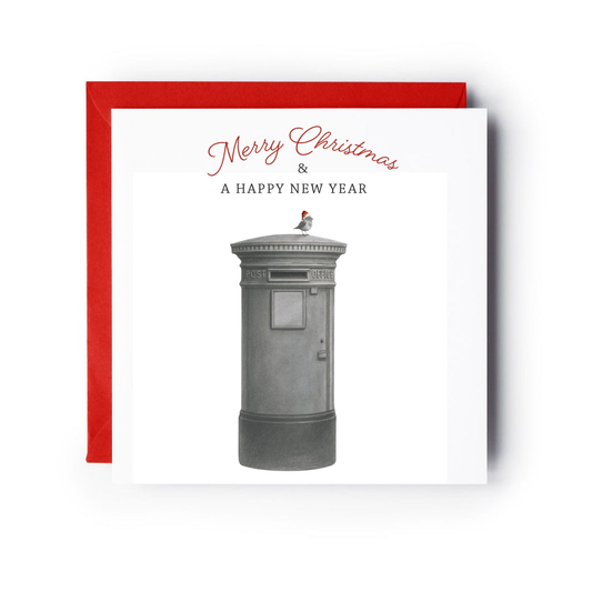 Christmas Postbox and Robin – Festive Holiday Greeting Card — complete card with red envelope