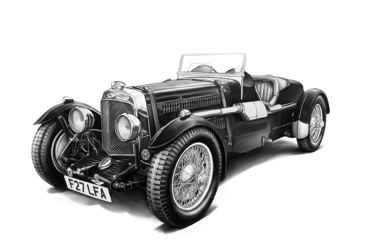 Hand-drawn classic Bentley Le Mans racing car fine art print