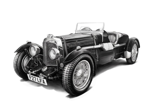 Hand-drawn classic Bentley Le Mans racing car fine art print