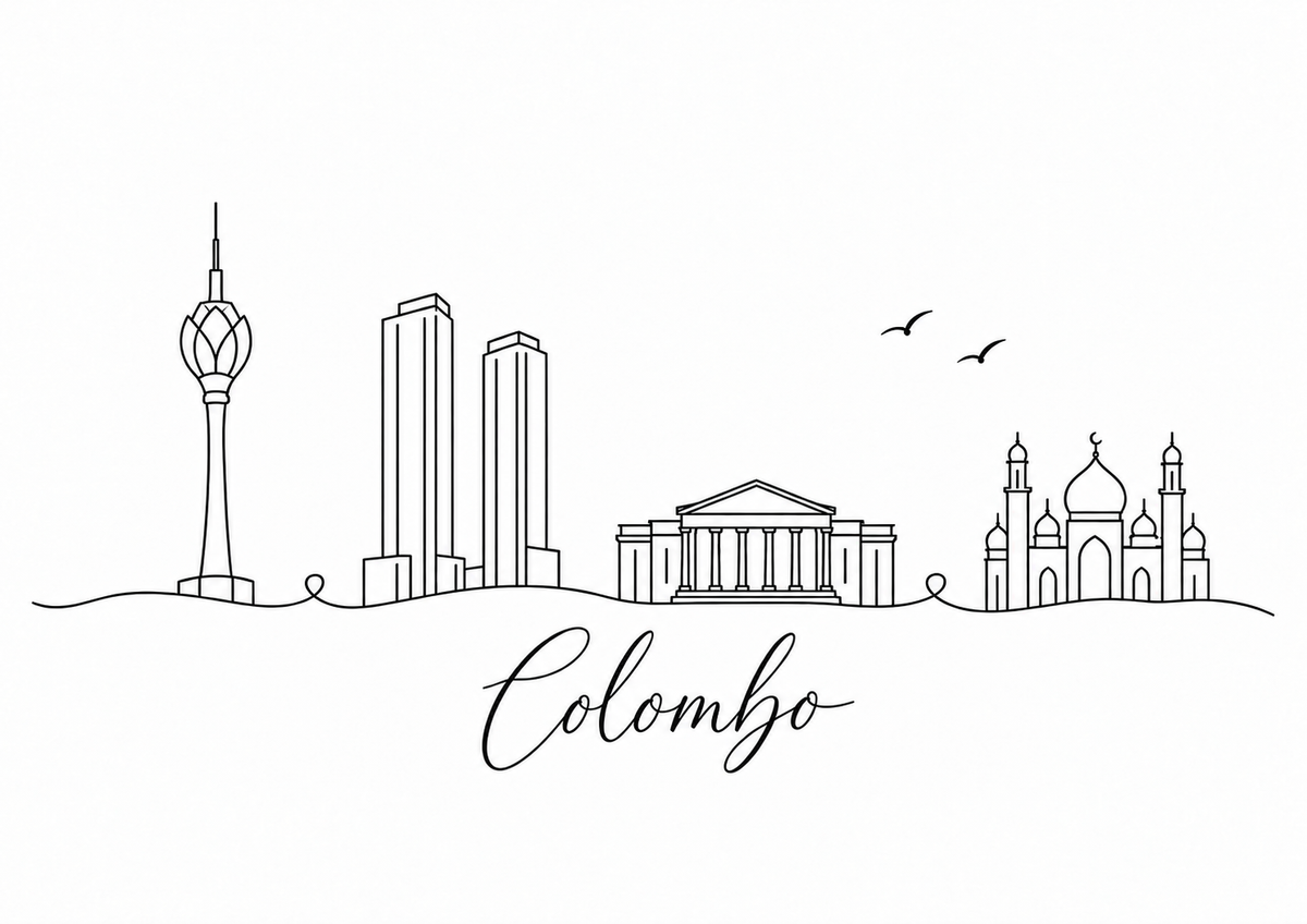 Colombo skyline artwork featuring black line landmarks and city lettering on a white background