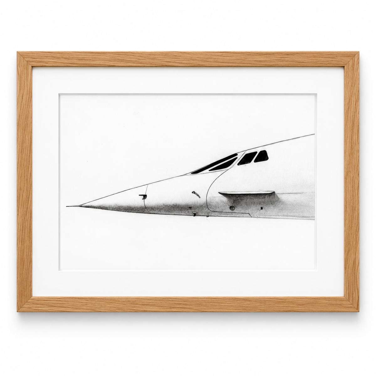 Concorde Aircraft Fine Art Print | Nose Up Aviation Artwork in oak frame