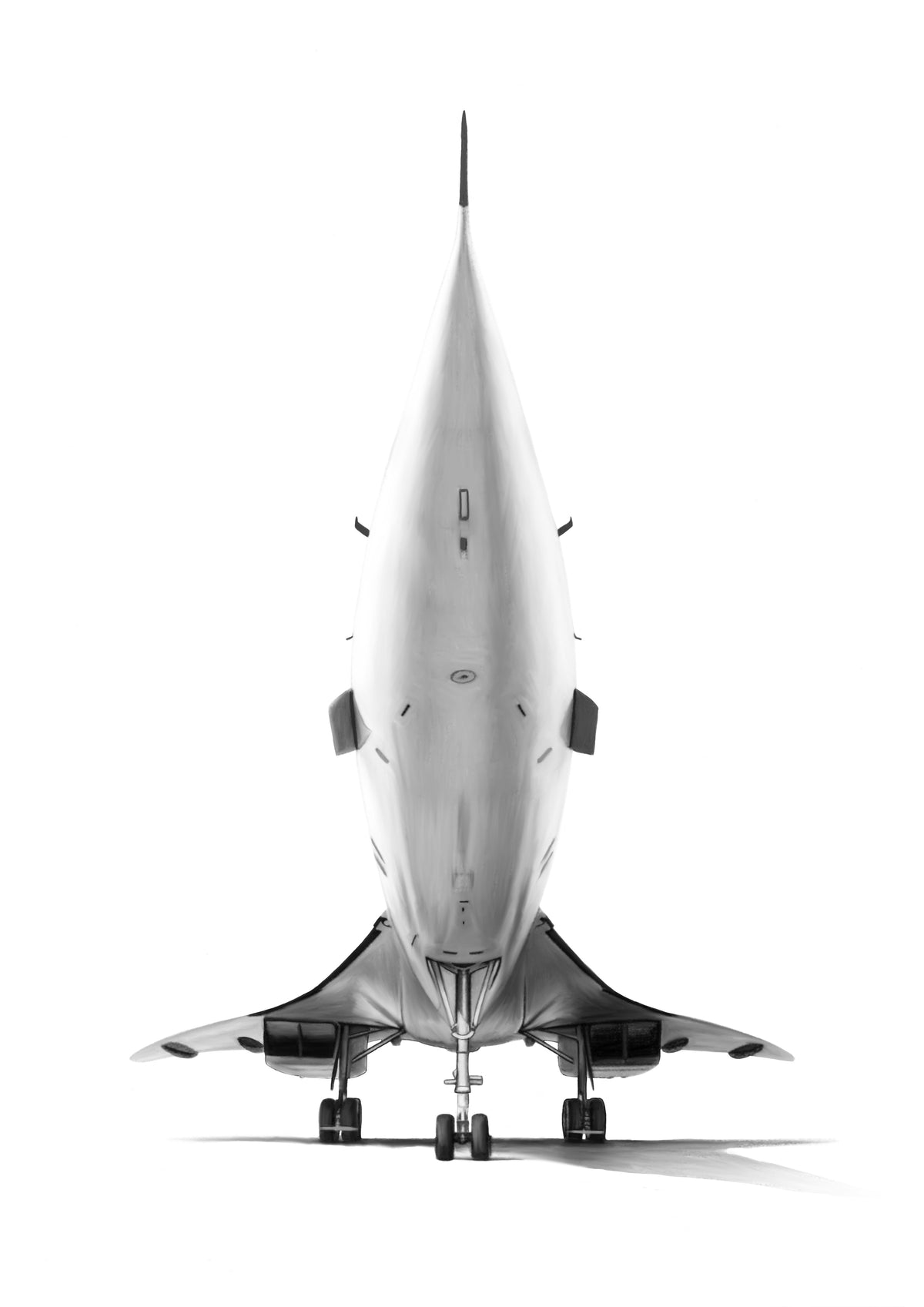 Concorde front view monochrome fine art print showing its pointed nose, delta wings and landing gear