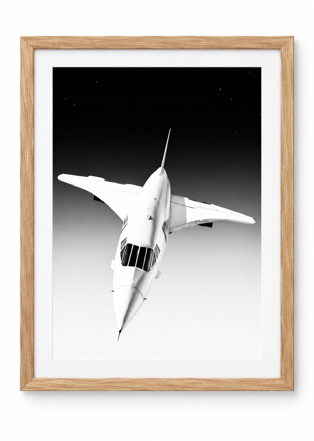 Concorde in flight print in Oak frame with white mount