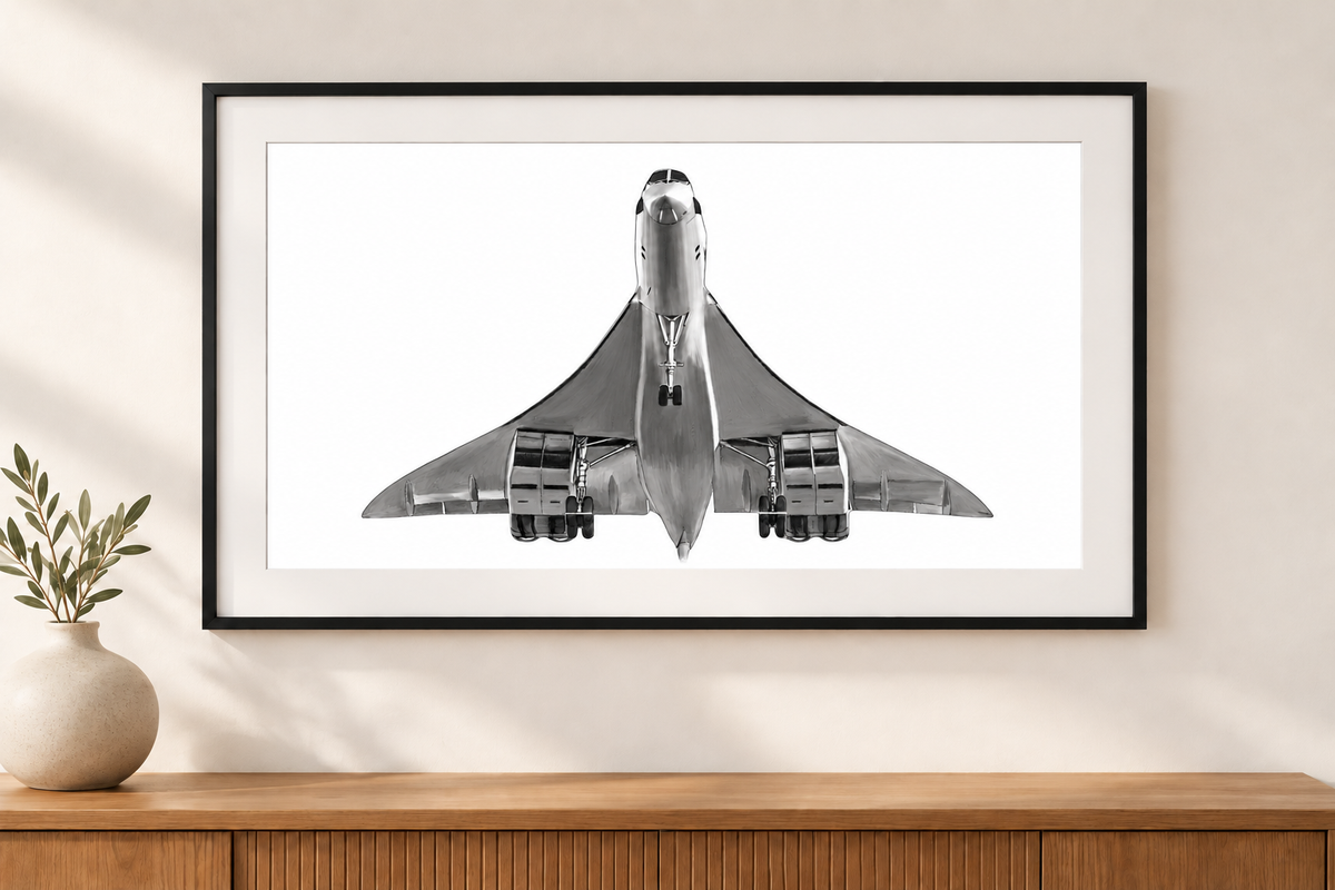 Concorde artwork on a white background with a white mount and black frame