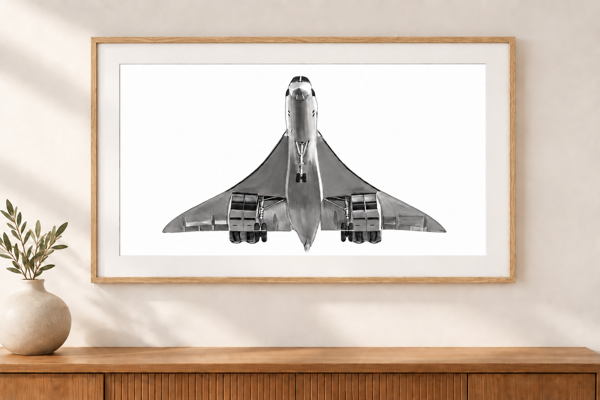 Concorde artwork on a white background with a white mount and oak frame