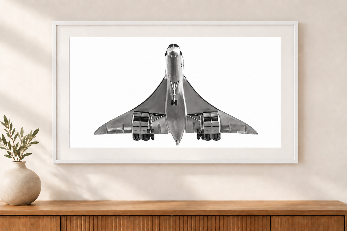Concorde artwork on a white background with a white mount and white frame