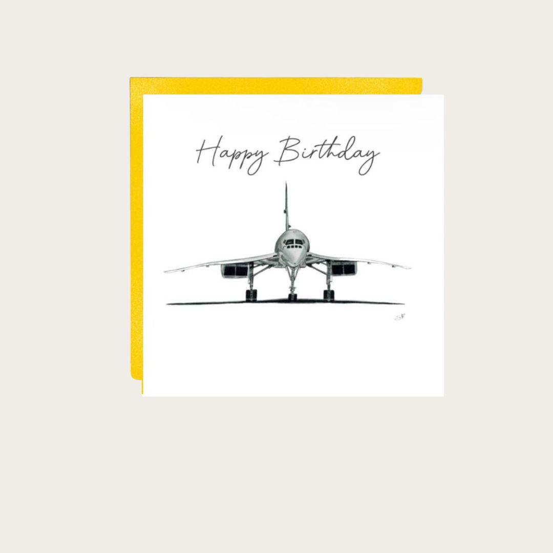 Hand-Drawn Concorde Aviation Birthday Card – Printed on luxurious FSC-certified cardstock by Libra Fine Arts, this stunning card is perfect for aviation enthusiasts, pilots, and Concorde fans. Paired with a vibrant yellow envelope, it’s ideal for celebrating a special birthday. Blank inside for your heartfelt message.