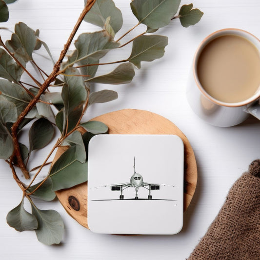 Hand-drawn Concorde Drinks Coaster by Libra Fine Arts, featuring a detailed black and white illustration of the iconic Concorde aircraft. A stylish and practical gift for aviation lovers