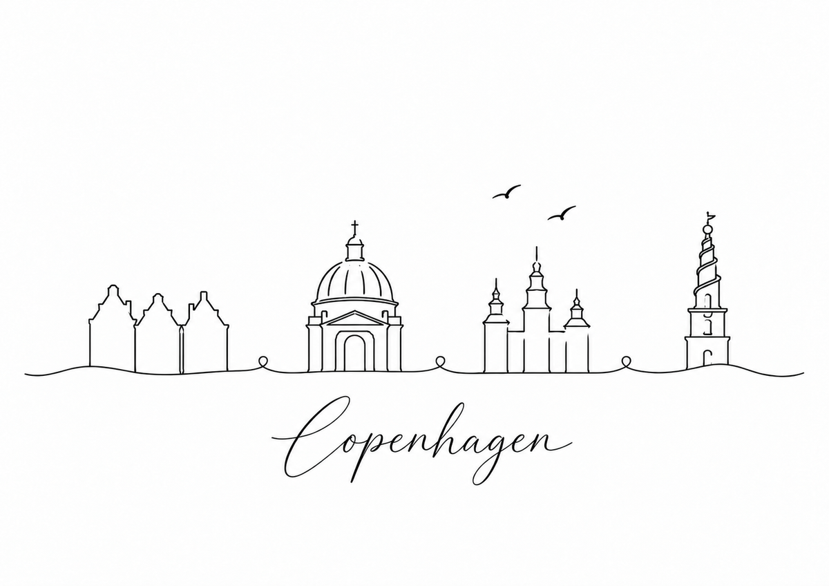 Copenhagen skyline artwork featuring black line landmarks and city lettering on a white background