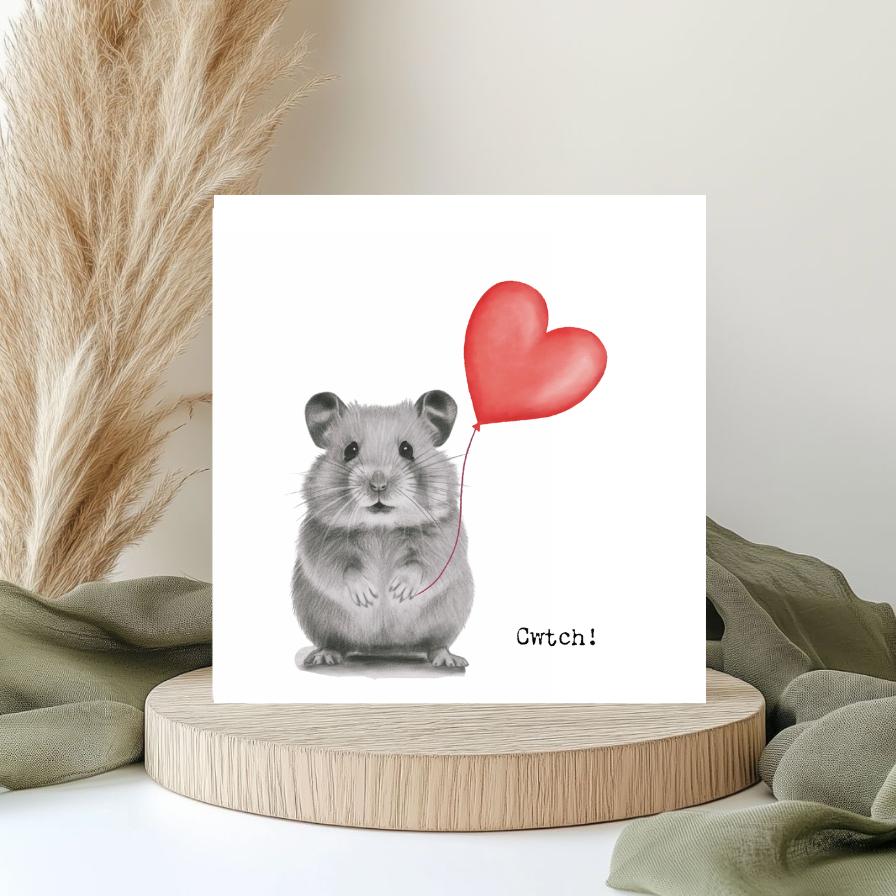 Cwtch – Adorable Hamster Hand-Drawn Greeting Card | Cute & Playful Animal Art