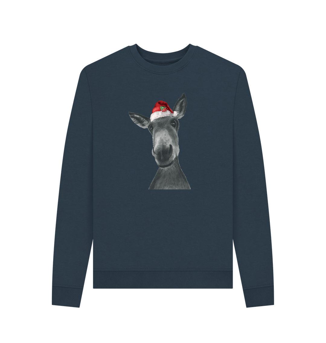 Navy Blue Women's Crew Neck Festive Donkey Sweater Certified Organic Cotton
