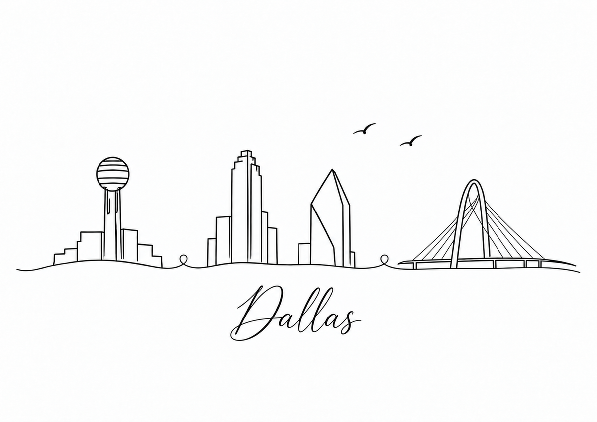 Dallas skyline artwork featuring black line landmarks and city lettering on a white background