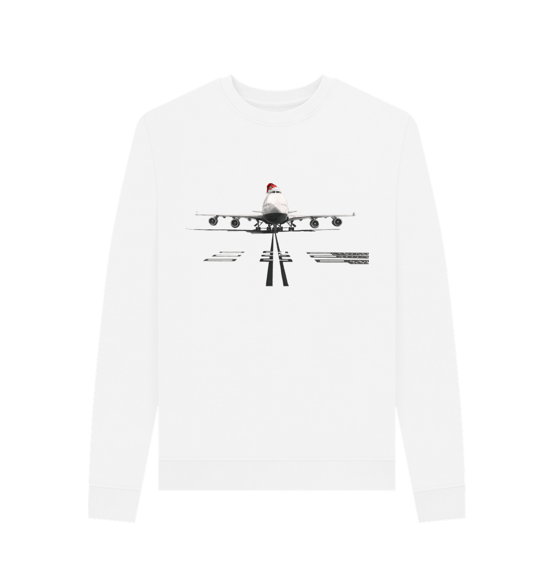 White Women's Crew Neck Festive 747 Aircraft Sweater Certified Organic Cotton