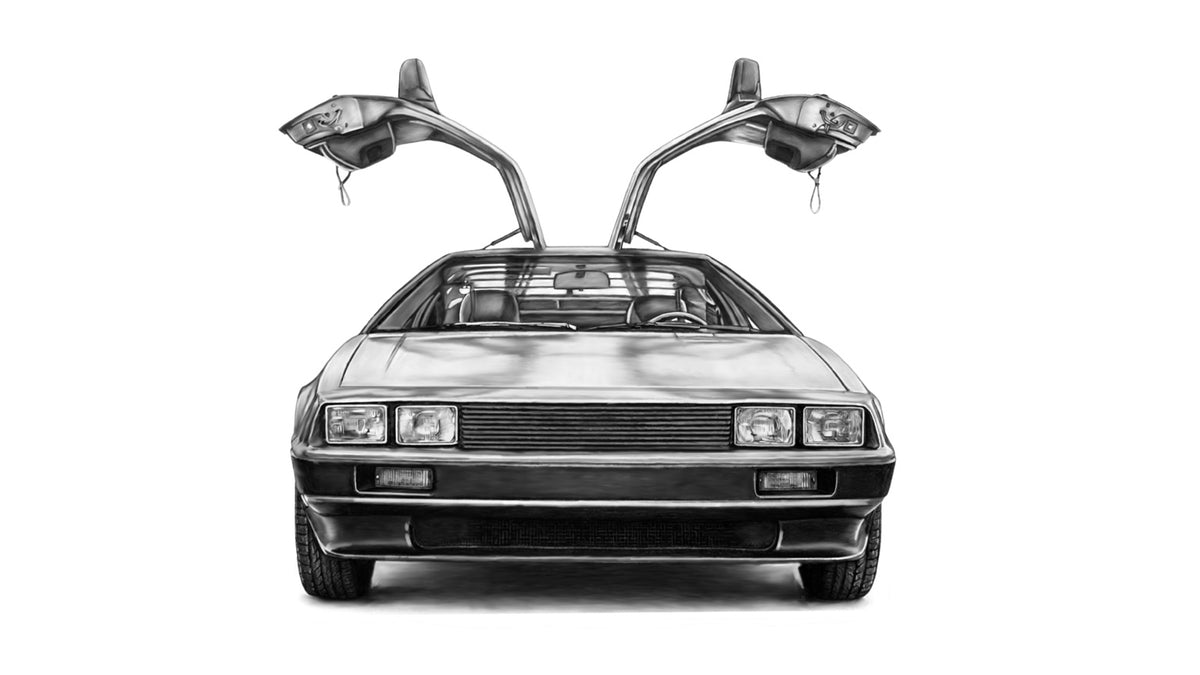 Hand-drawn DeLorean DMC-12 gullwing car fine art print