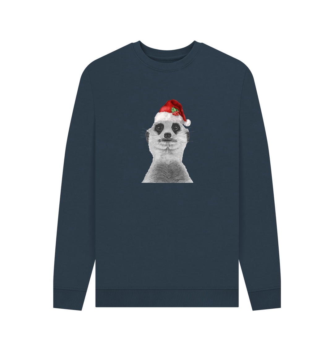 Navy Blue Men's Festive Meerkat Crew Neck Sweater Certified Organic Cotton